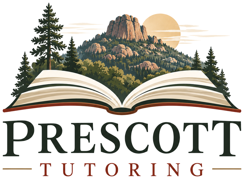 Prescott Tutoring logo: an open book with Granite Mountain and ponderosa pines rising from its pages